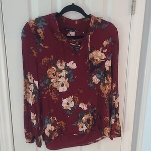 Blu Pepper Burgundy Floral Lace-Up Blouse